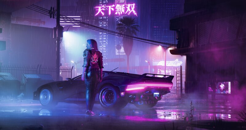 Person Standing by Car — Purple, Dramatic