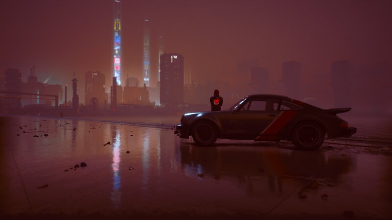 Person Standing by Car — Red, Dramatic, Night