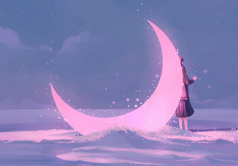 Person Standing by Crescent Moon