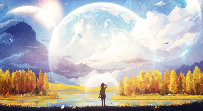 Person Standing by Lake — Blue