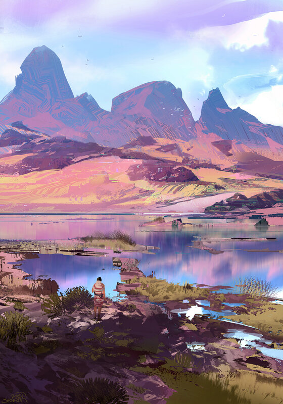 Person Standing by Lake — Purple