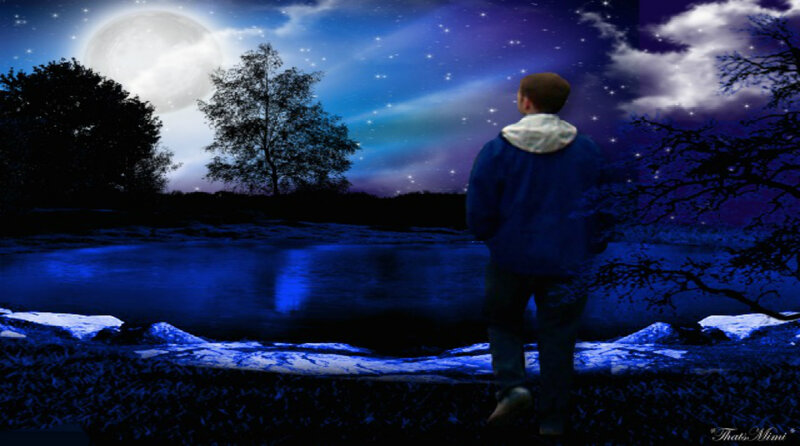 Person Standing by River — Blue