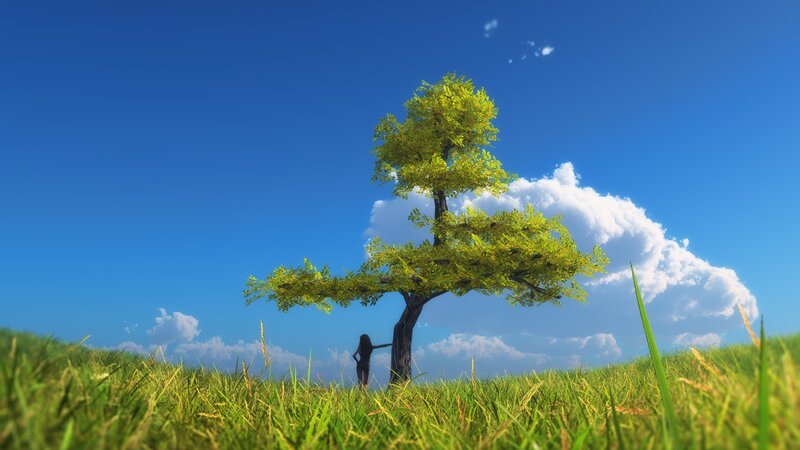 Person Standing by Tree — Blue