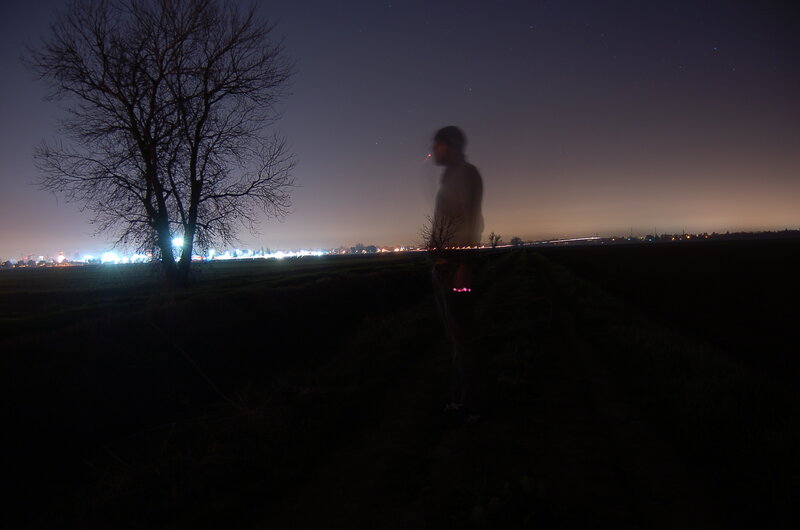 Person standing in a field at night
