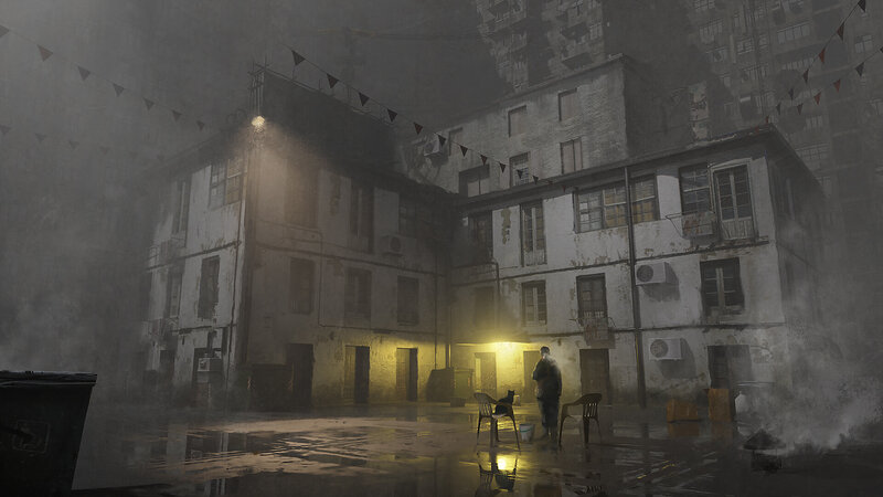 Person Standing in Courtyard