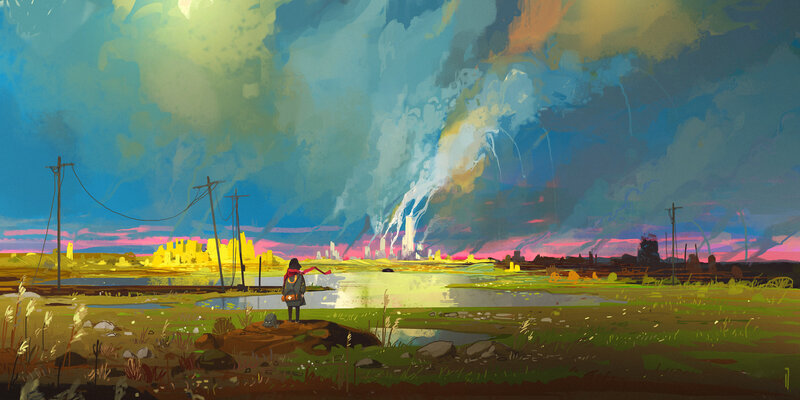 Person Standing in Field — Blue, Dramatic