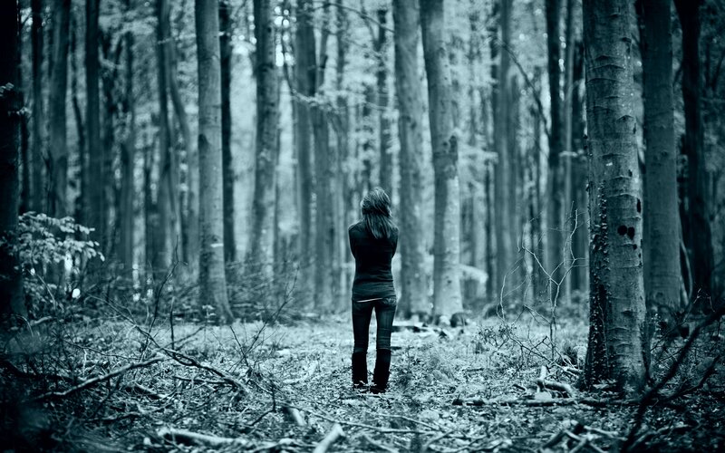 Person Standing in Forest — Blue