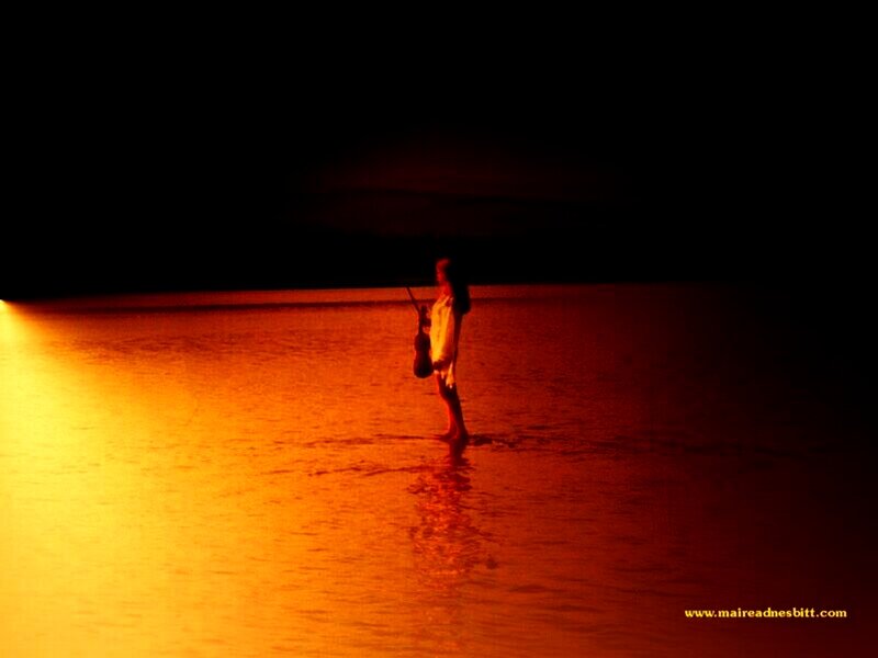 Person standing in water at night