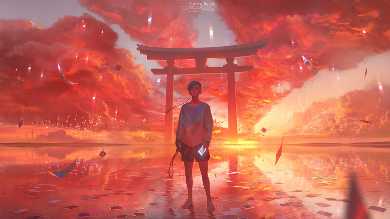 Person Standing in Water — Red, Dramatic