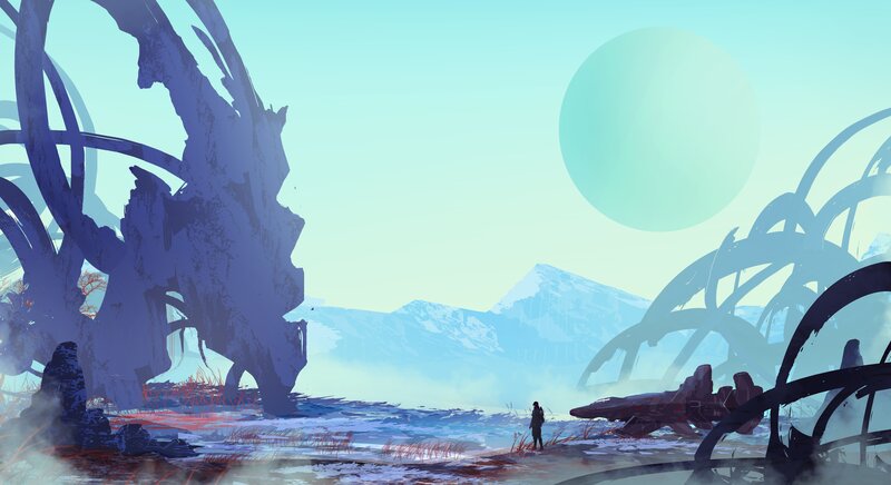 Person Standing on Alien Planet — Blue