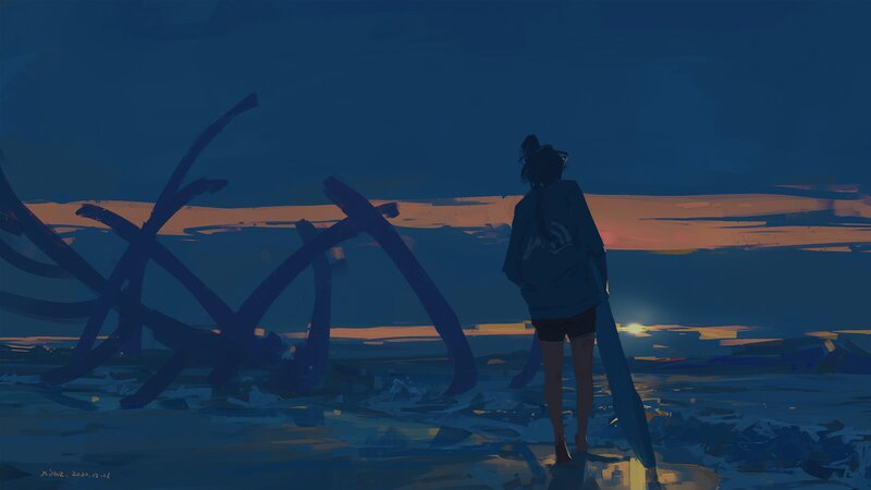 Person Standing on Beach — Blue, Melancholic