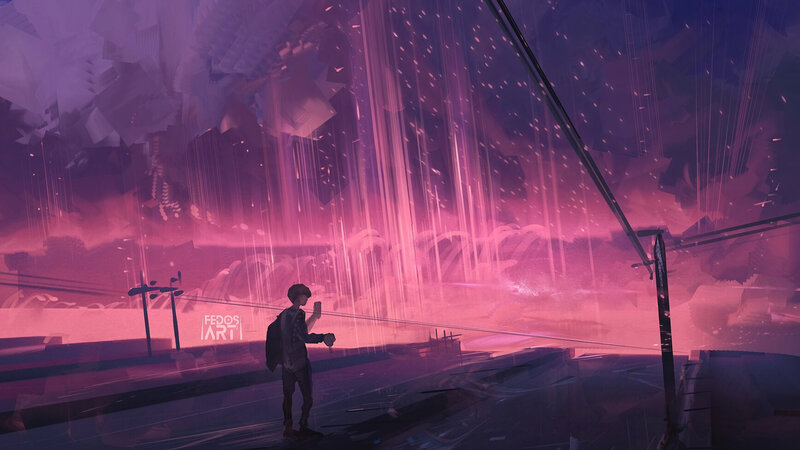 Person Standing on Bridge — Purple