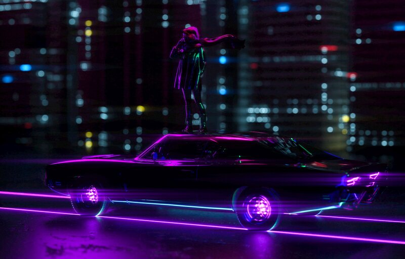 Person Standing on Car — Purple