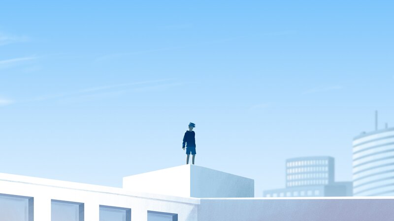 Person Standing on Rooftop — Blue
