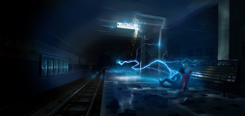 Person Struck by Lightning — Blue, Dramatic, Night, Digital Art