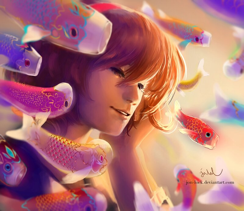 Person Surrounded by Koi Fish