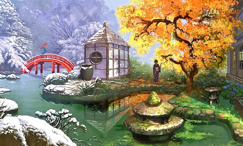 Person Sweeping Leaves — Orange