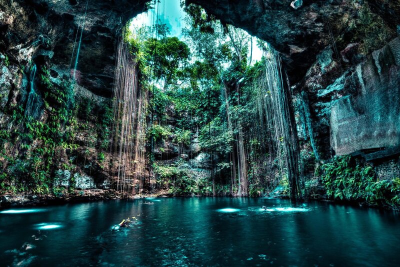 Person Swimming in Cenote — Blue, Serene, Afternoon