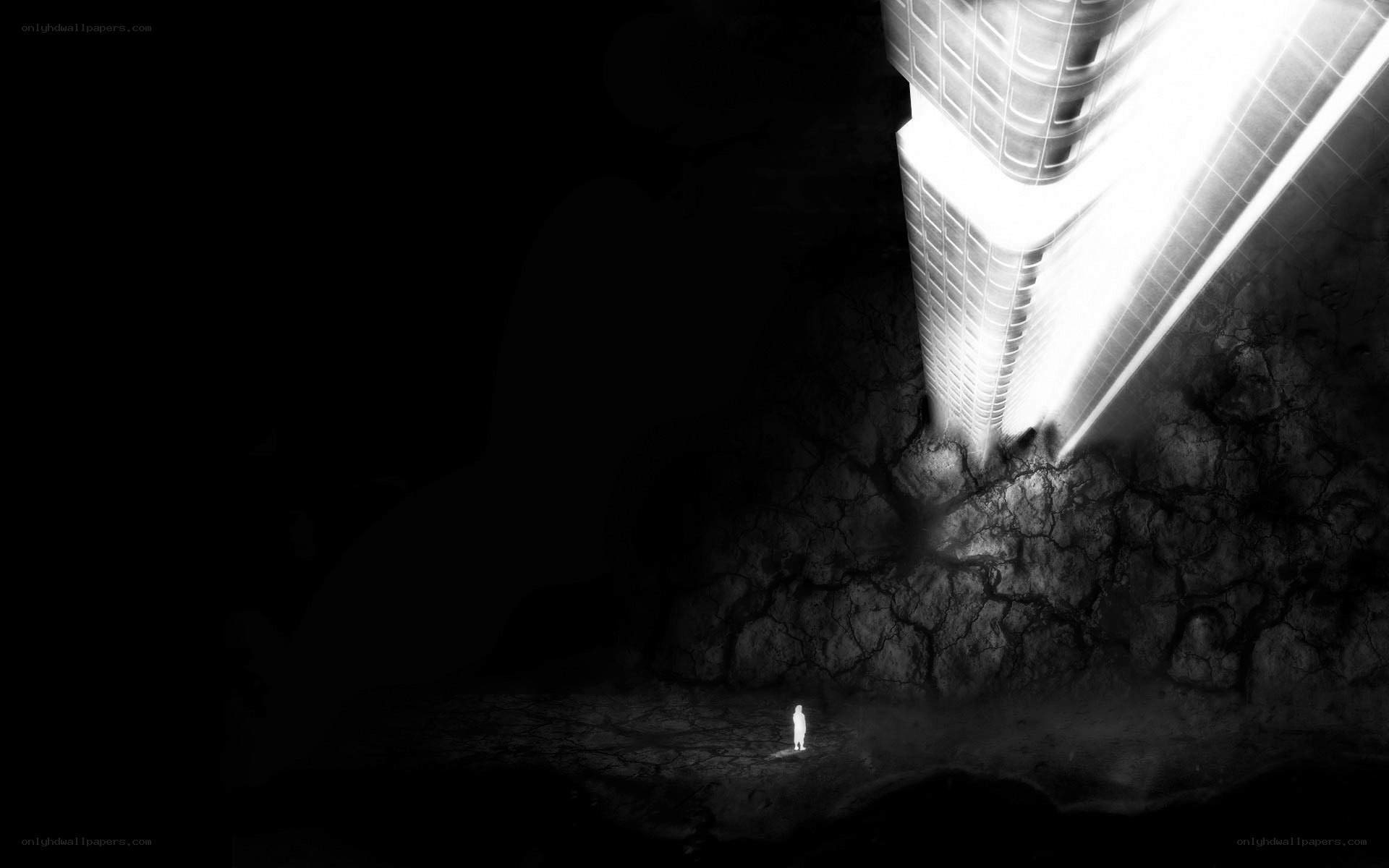 person under a glowing tower