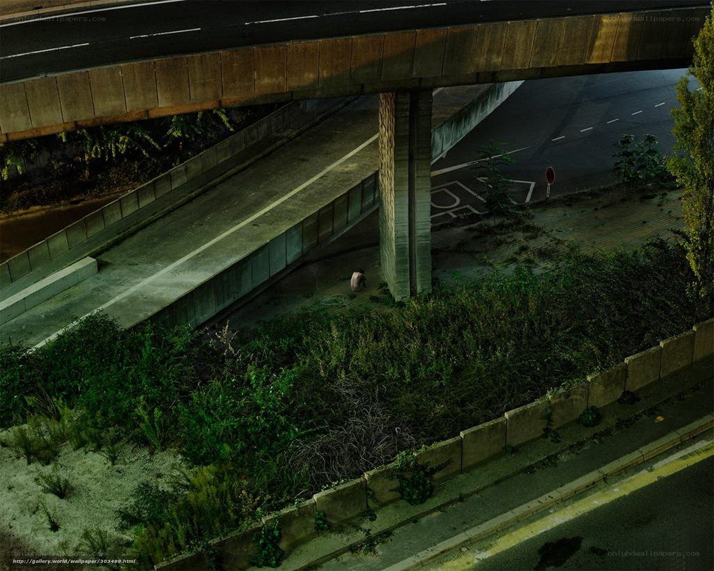 Person under highway overpass