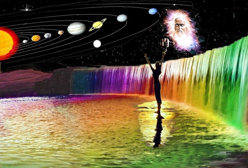 Person under Rainbow Waterfall