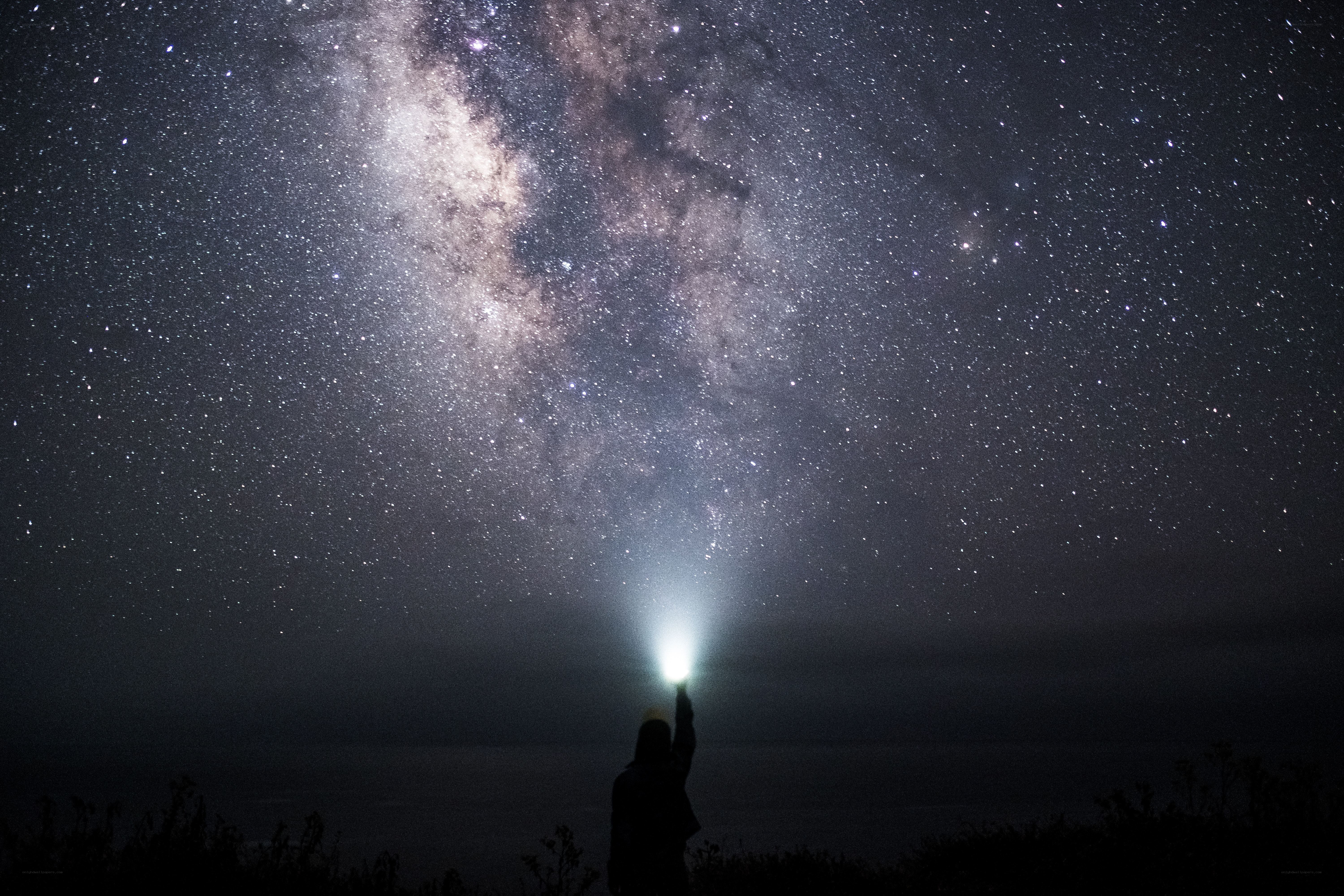 Person under starry sky with flashlight