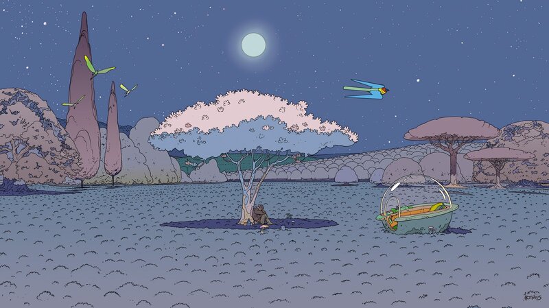 Person under Tree at Night — Blue