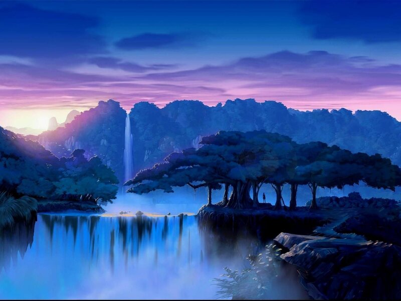 Person under Trees by Waterfall