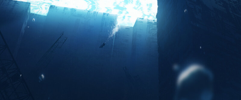 Person Underwater in City