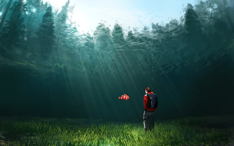 Person Underwater with Fish — Green