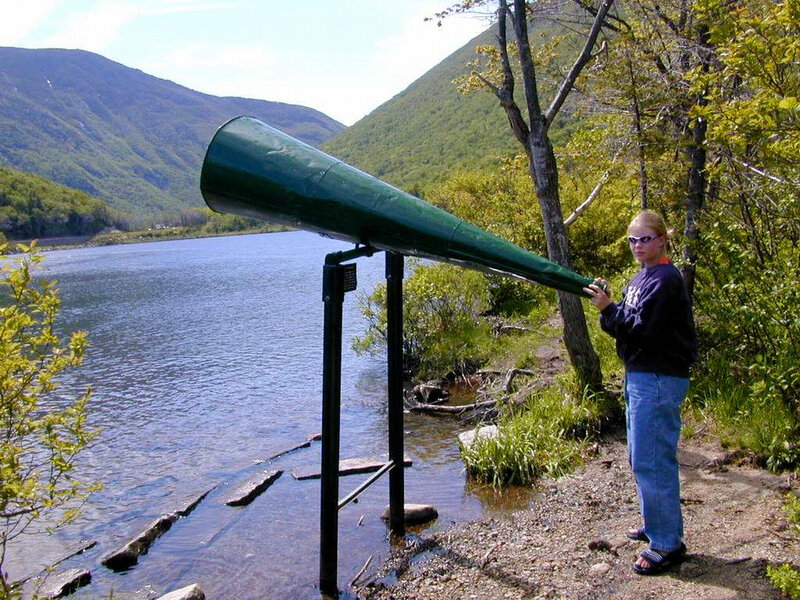 Person using a speaking trumpet by a lake