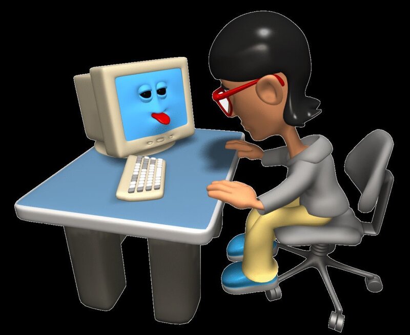 person using computer with face on screen