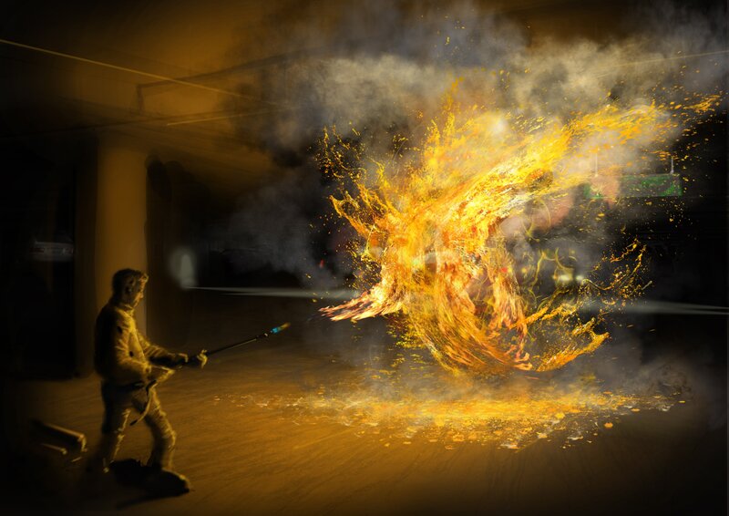 Person using flamethrower indoors
