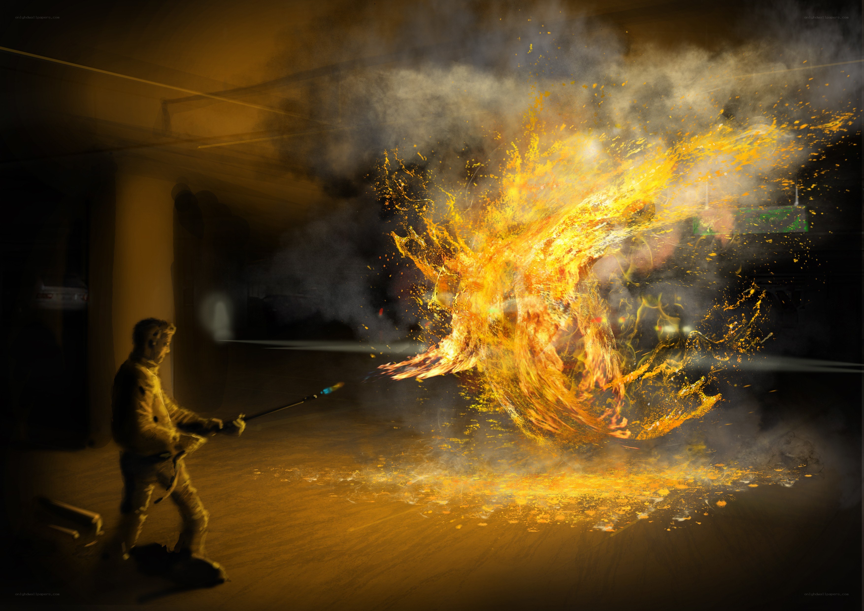 Person using flamethrower indoors