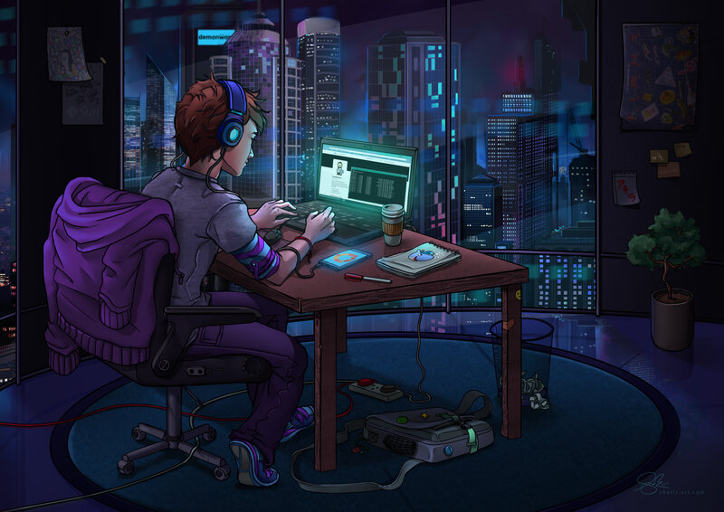 Person Using Laptop at Desk — Purple