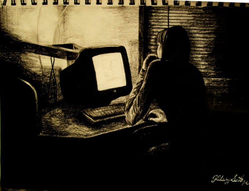 person using old computer