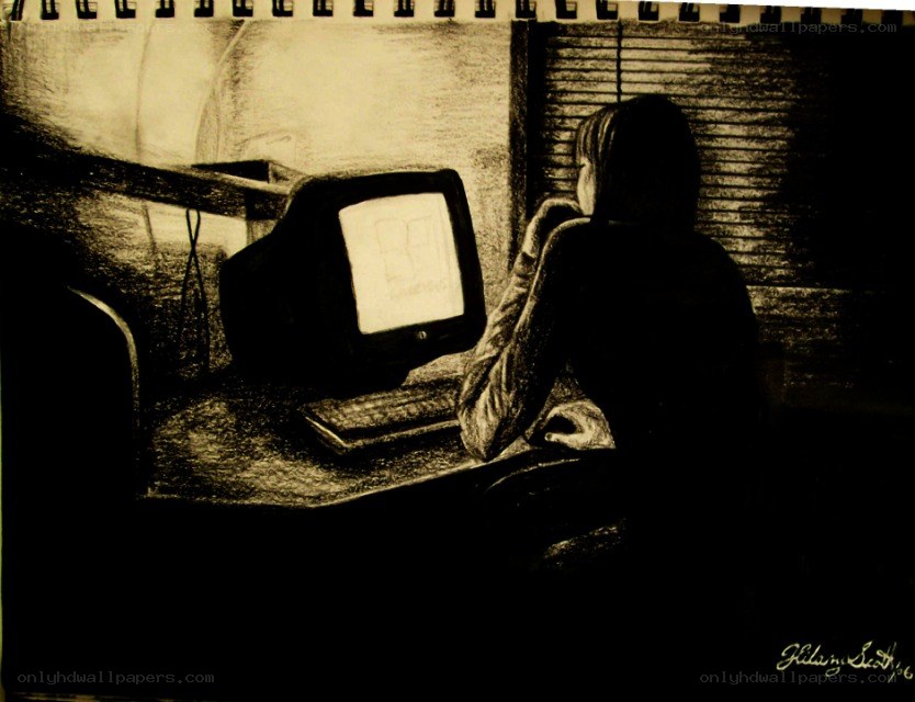 person using old computer