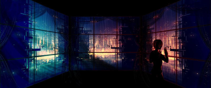 person viewing cityscape on screens