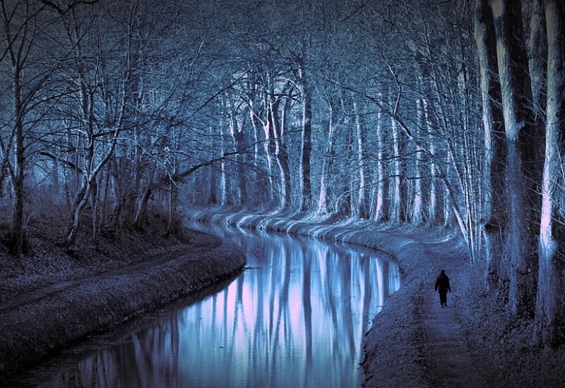 Person walking by a canal at night