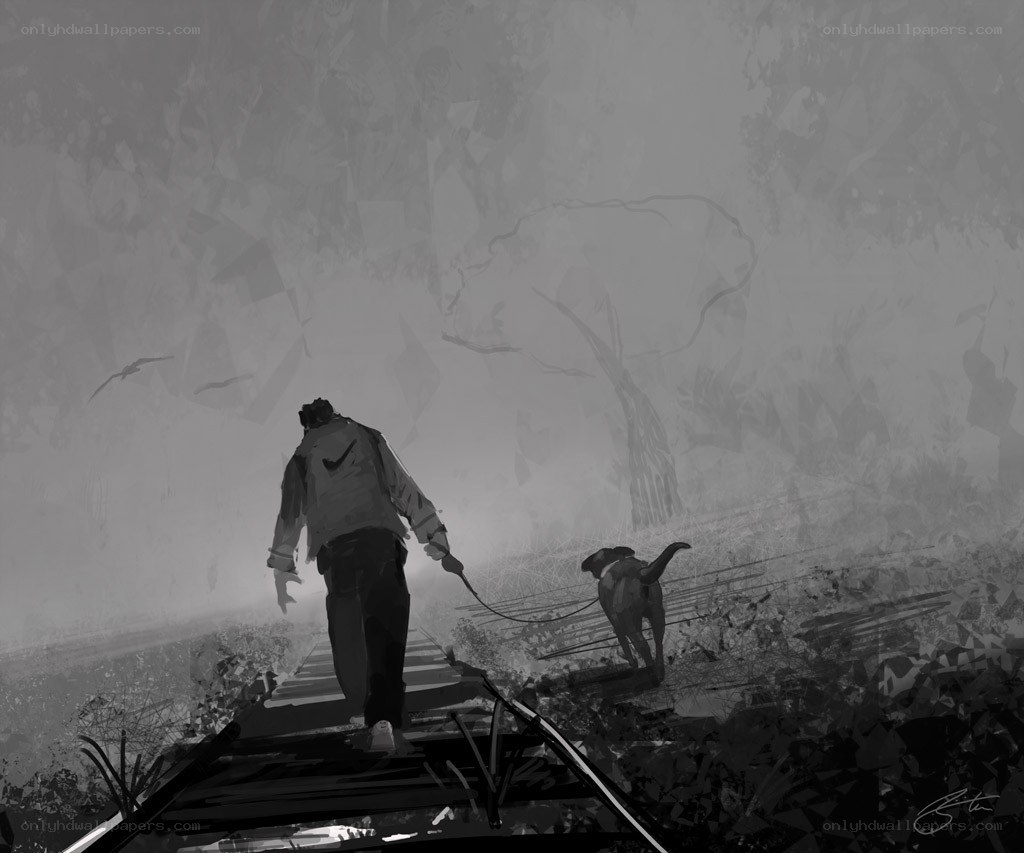 person walking dog on train tracks