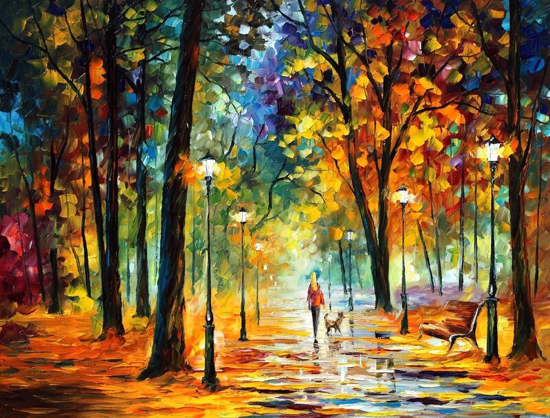 Person Walking Dog — Yellow, Serene, Autumn