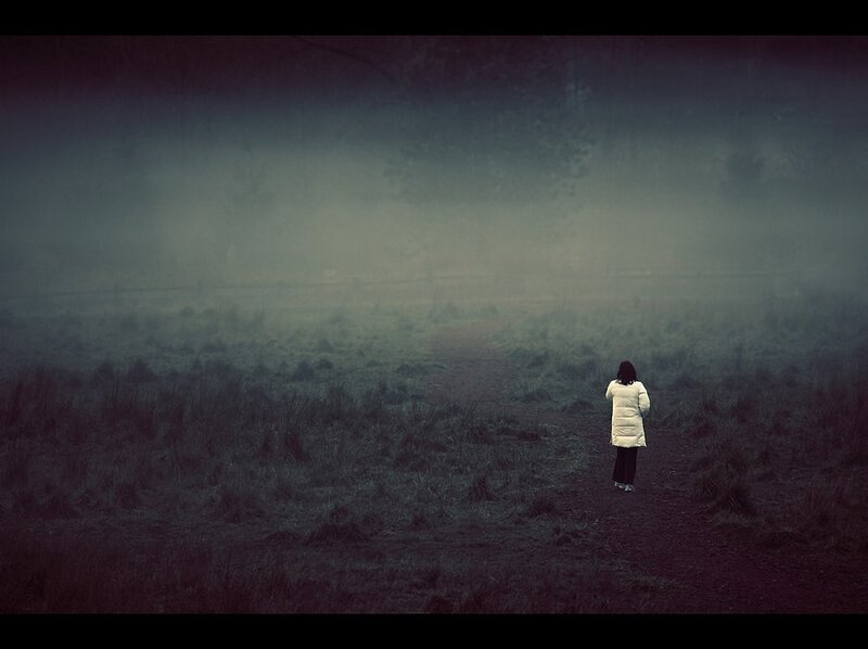 Person walking in a foggy field