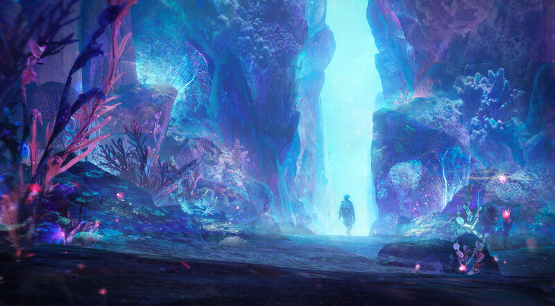 Person Walking in Cave — Blue