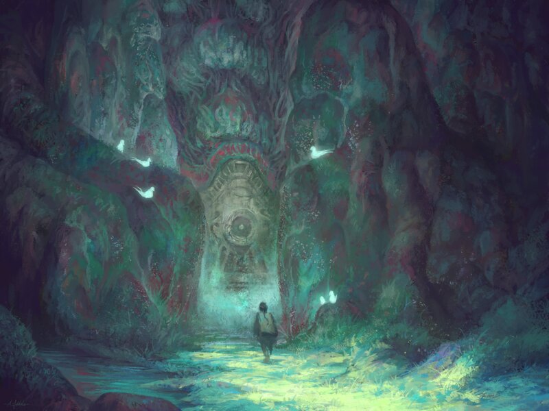 Person Walking in Cave