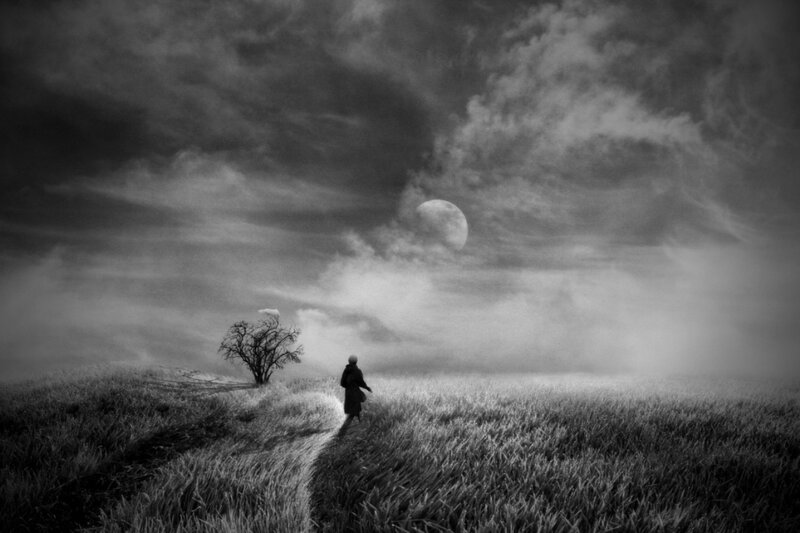 Person Walking in Field — Black, Dramatic