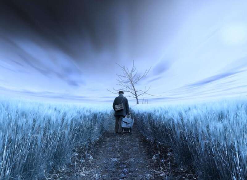 Person Walking in Field — Blue, Dramatic