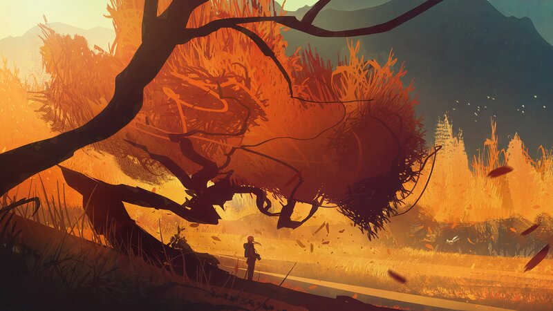 Person Walking in Field — Orange, Dramatic, Sunset