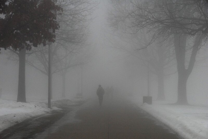 Person walking in foggy park