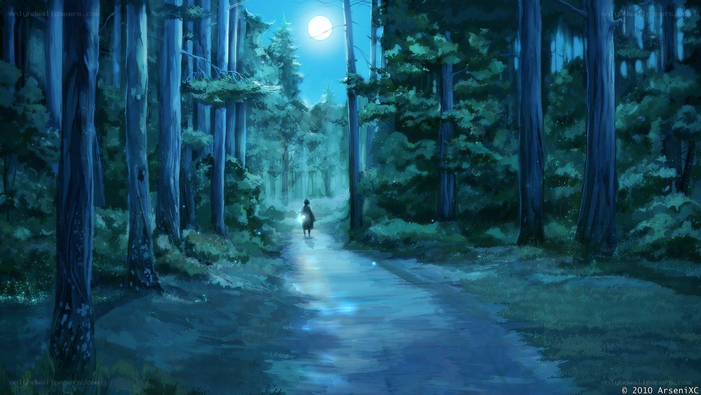 Person walking in forest at night