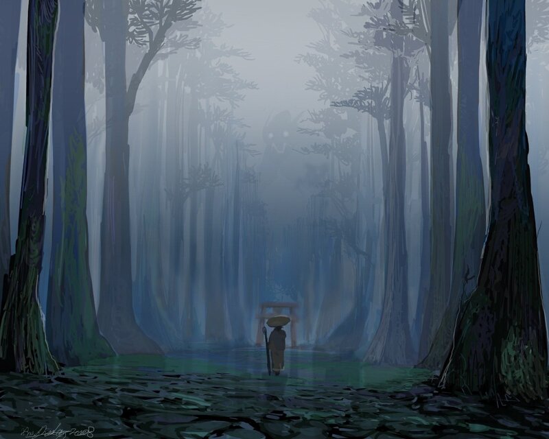 Person Walking in Forest — Blue, Mysterious, Night, Digital Art